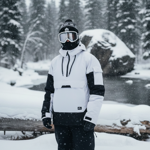 Hooded Ski Jacket - Half-Zip Snowboard Anorak-Frozenoir-White-s-