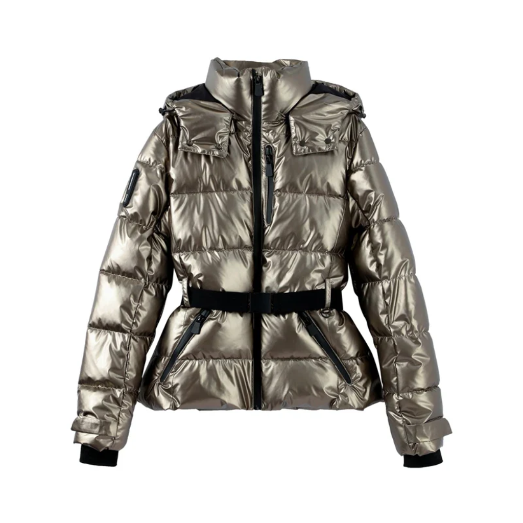 Women's Silver Ski Jacket | Water-Resistant Belted Metallic
