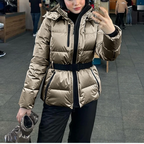 Women's Silver Ski Jacket | Water-Resistant Belted Metallic