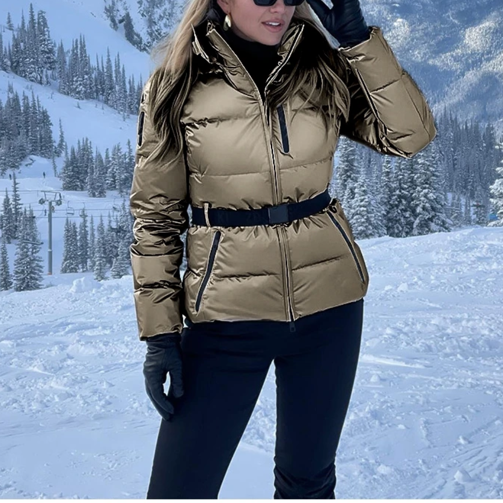 Women's Silver Ski Jacket | Water-Resistant Belted Metallic